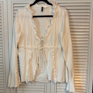 Divided Cream Ruffle Tie-Front Blouse